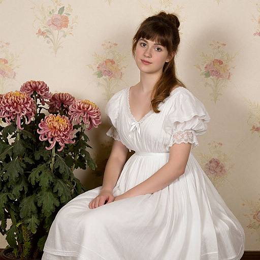 Photograph of a young woman with fair skin and brown hair in a white, vintage-style dress, sitting beside a bouquet of pink and yellow chrys