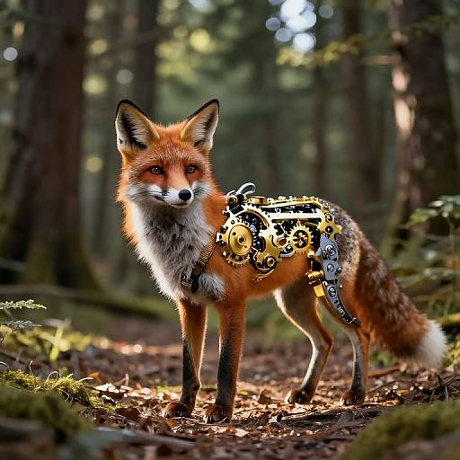 Clockwork Fox in Sunlit Forest
