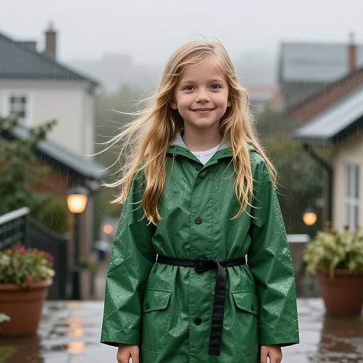 Girl in Green Raincoat Urban Scene