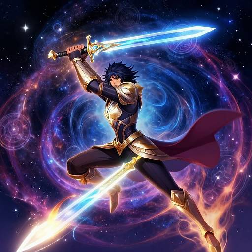 Energetic anime-style warrior with blue hair and glowing blue sword, clad in gold and black armor, floating in a cosmic, swirling starry background