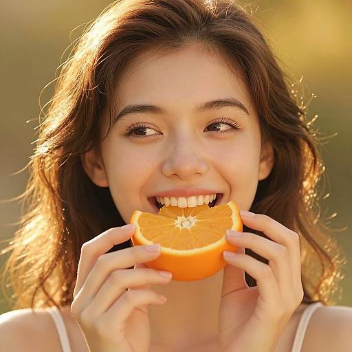 Photograph of a smiling young woman with wavy brown hair, holding a halved orange to her mouth, enjoying the sunlight outdoors.