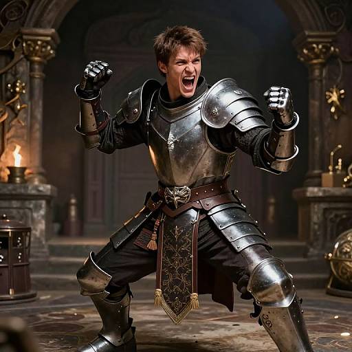 Photograph of a fierce, young male knight in shiny, medieval-style armor, roaring with clenched fists, set in a dimly lit, candle