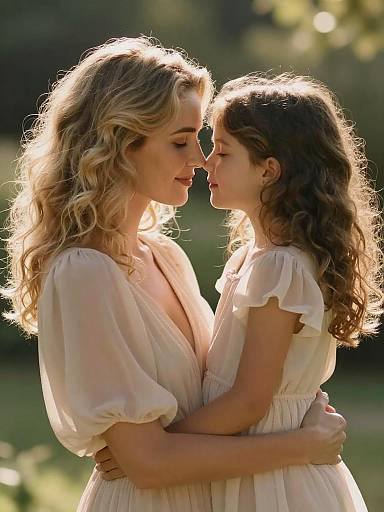 Sunlit Mother and Daughter Chiffon Embrace