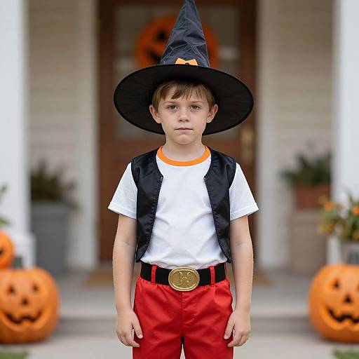 Photograph of a young boy in a black witch hat, white shirt, red pants, and black vest, standing in front of a Halloween-decor