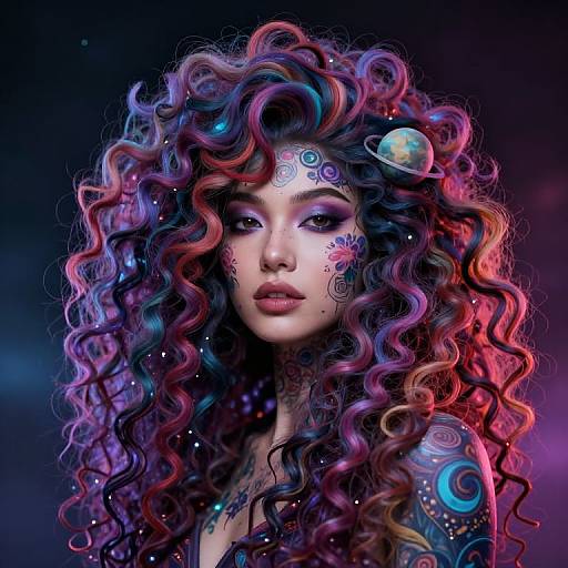 Digital art of a woman with vibrant, multicolored curly hair, intricate face tattoos, and a moon hairpin, set against a dark, star
