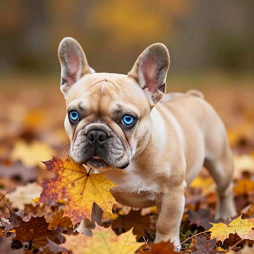Photograph of a tan French Bulldog with bright blue eyes, holding an autumn leaf in its mouth, standing on a colorful, leaf-covered ground.