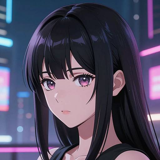Digital anime-style portrait of a young woman with long black hair, purple eyes, and pale skin, set against a neon-lit city background.