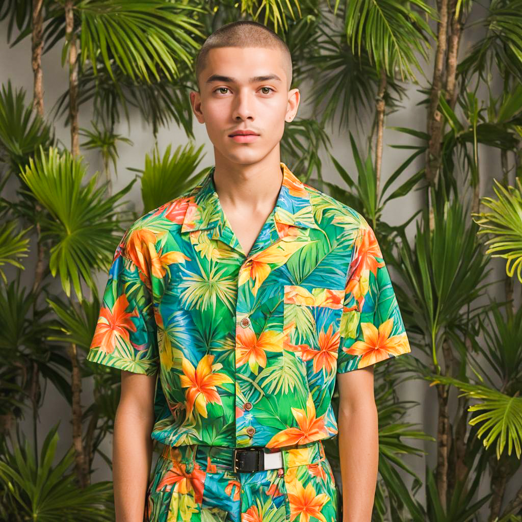 Surprised Teen in Tropical Theme Outfit