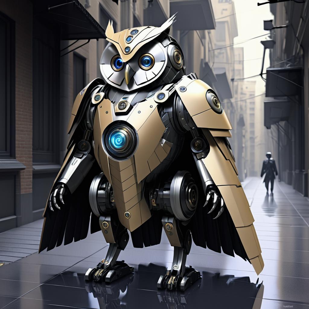 Robotic Owl in Trench Coat Armor