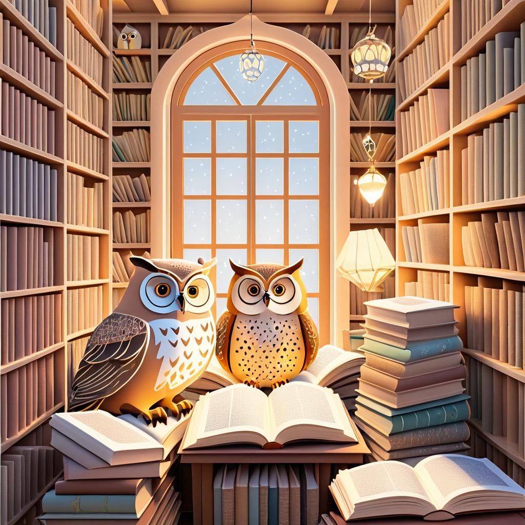 Whimsical Owls in a Cozy Bookshop