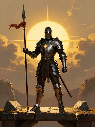 Valkyrie Warrior in Dark Steel Armor at Sunrise