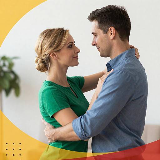 Photograph of a blonde woman in a green top, gently embracing a dark-haired man in a blue shirt, facing each other intimately, with a bright