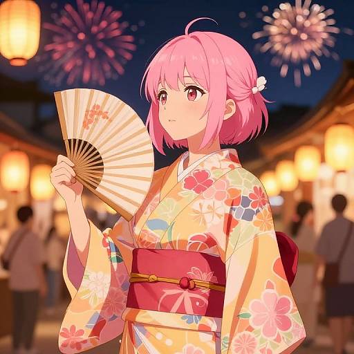 Anime-style digital drawing of a pink-haired girl in a floral kimono holding a folding fan, against a night festival backdrop with colorful fireworks.