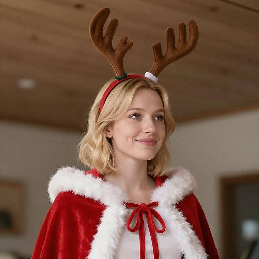 Joyful Blonde Woman in Christmas Cape