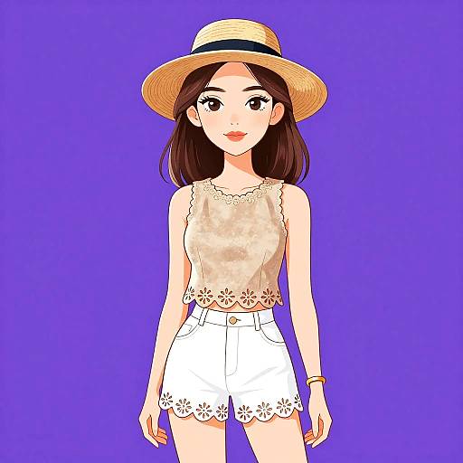 Digital anime-style drawing of a young woman with light skin, brown hair, wearing a straw hat, white lace sleeveless top, and white high-w