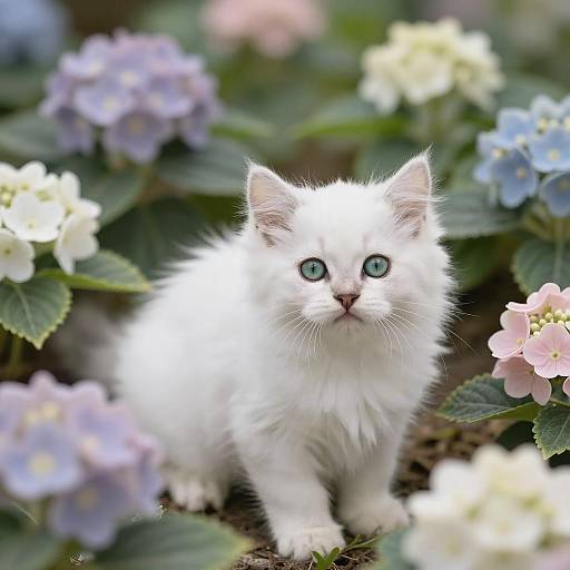 Whimsical Garden with Fluffy Kitten