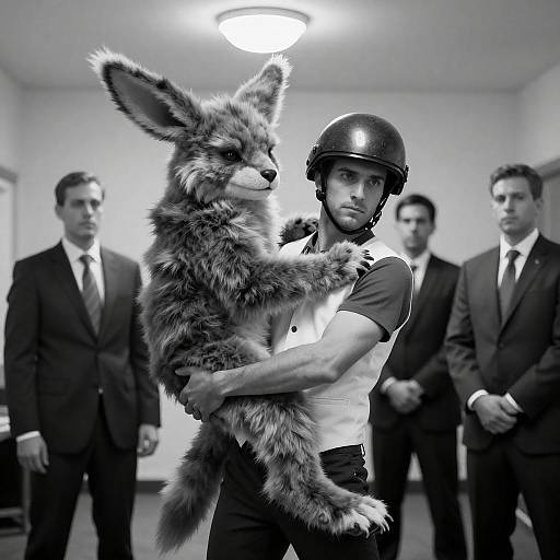 Serious Man with Furry Creature Portrait