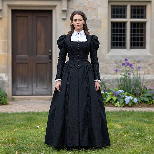 Photograph of a fair-skinned woman with dark brown hair in a Victorian-style black dress with puffed sleeves, standing in front of a stone building