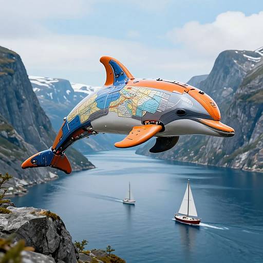 Photorealistic digital art of an orange and blue map-patterned dolphin flying above a fjord, with two sailboats below.