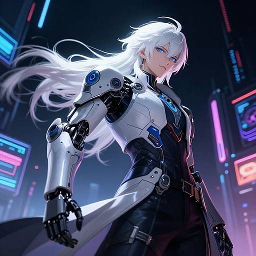 Digital anime-style artwork of a white-haired, blue-eyed cyber soldier with glowing accents, standing in a neon-lit futuristic cityscape.