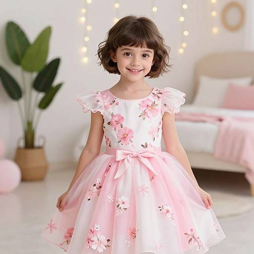 Photograph of a smiling young girl with short brown hair, wearing a pink floral dress with a bow, in a bright, cozy bedroom.