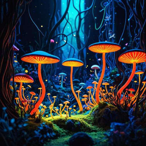 Glowing Neon Fungi in Surreal Miniature Forest