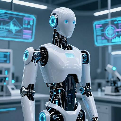 Digital illustration of a sleek, white, humanoid robot with blue glowing eyes and joints, standing in a futuristic, high-tech lab with blue-lit screens