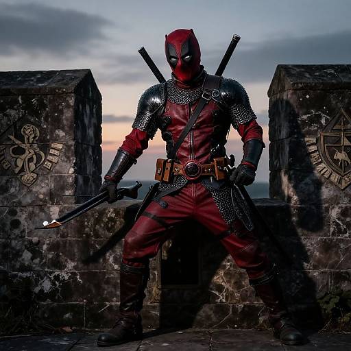 Photograph of a muscular, masked, red-suited ninja warrior with chainmail arms, holding a sword, standing between two stone pillars at sunset.