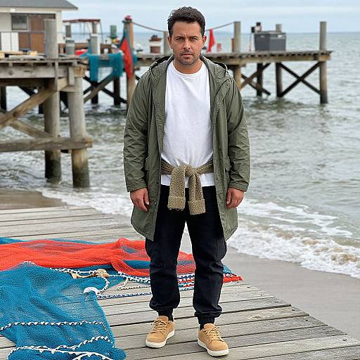 Man by Rustic Pier in Casual Wear