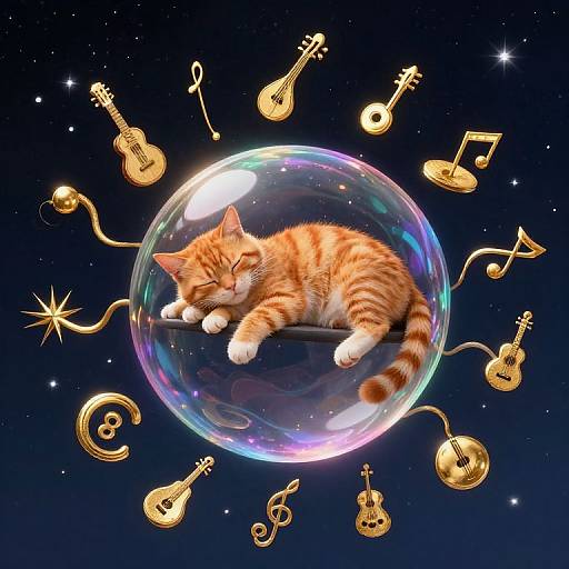 Orang tabby cat sleeping inside a glowing, iridescent bubble surrounded by golden musical instruments against a starry night sky. Digital artwork.
