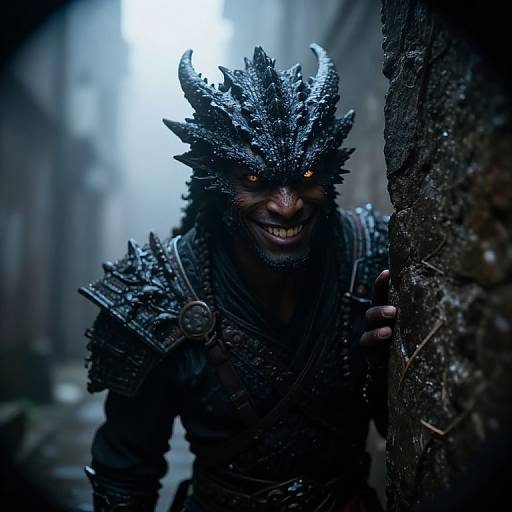 Photorealistic CGI: Dark, menacing creature with glowing orange eyes, black spiked helmet, and armor, hiding behind a tree in a foggy,