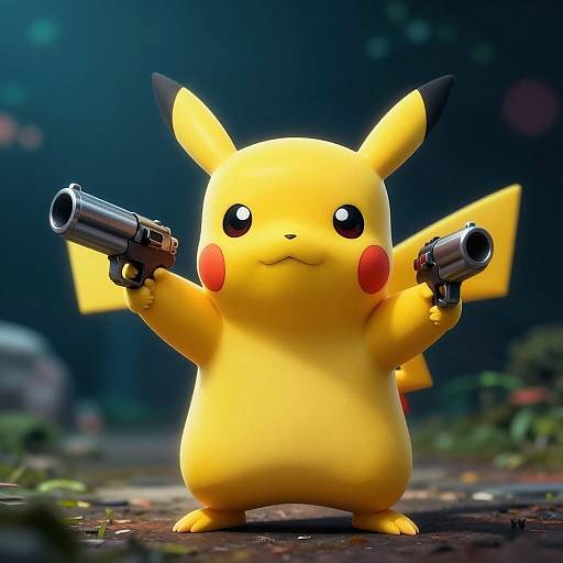 CGI image of Pikachu, a yellow, chubby Pokémon with large ears, holding two black handguns, standing on a dark, blurry background. Pikachu's