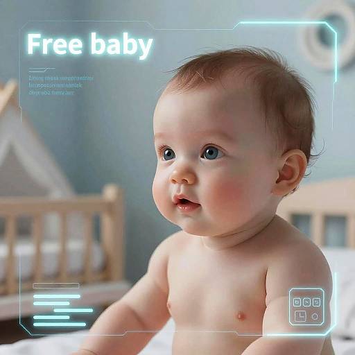 Photograph of a chubby, fair-skinned baby with blue eyes, brown hair, and a slight smile, in a light blue room, with 