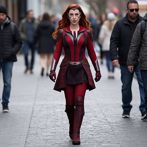 Photograph of a red-haired woman in a red and black superhero costume walking confidently down a cobblestone street with blurred pedestrians in the background.
