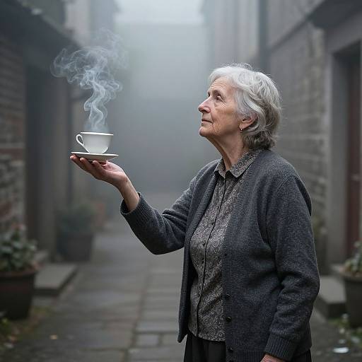 Photograph of elderly woman with gray hair, wearing dark cardigan and patterned shirt, holding steaming white cup in narrow, foggy alley.