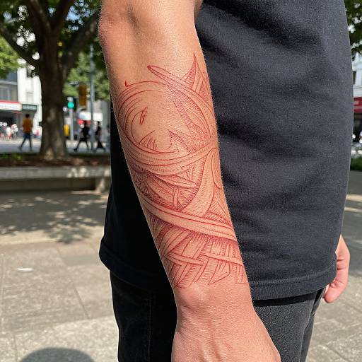 Photograph of a man's arm with intricate red henna tattoo, featuring swirling patterns, standing outdoors on a sunny street.