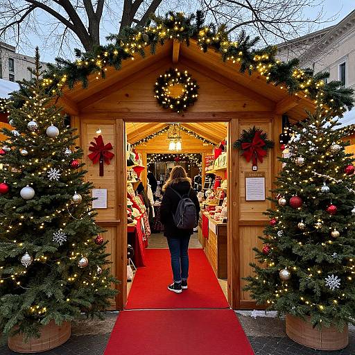 Photograph of a festive Christmas market entrance with wooden arch, garland, wreath, and twinkling lights, red carpet, and decorated trees.