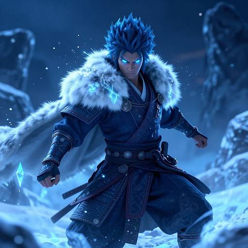 Digital art of a blue-haired, glowing-eyed warrior in a fur-collared, dark winter cloak, wielding a crystalline sword, standing in a