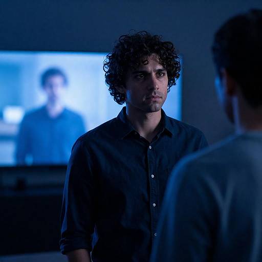 Blue Monochrome Portrait: Man Facing Another