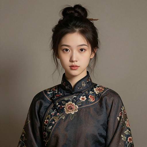 Photograph of a young Asian woman with fair skin, black hair in a bun, wearing a black floral embroidered traditional Chinese robe, against a plain gray