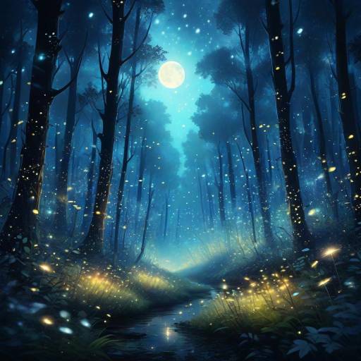 Dreamy Moonlit Forest with Fireflies