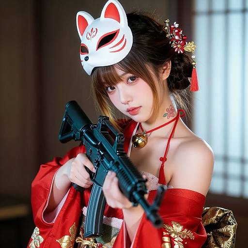 Cinematic Girl with Fox Mask and Rifle