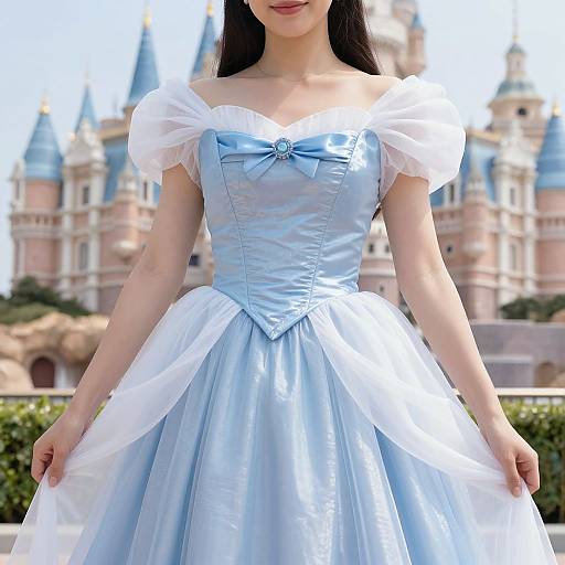 Photograph of an Asian woman in a light blue, off-shoulder, satin Disney princess dress with white puffed sleeves, standing in front of