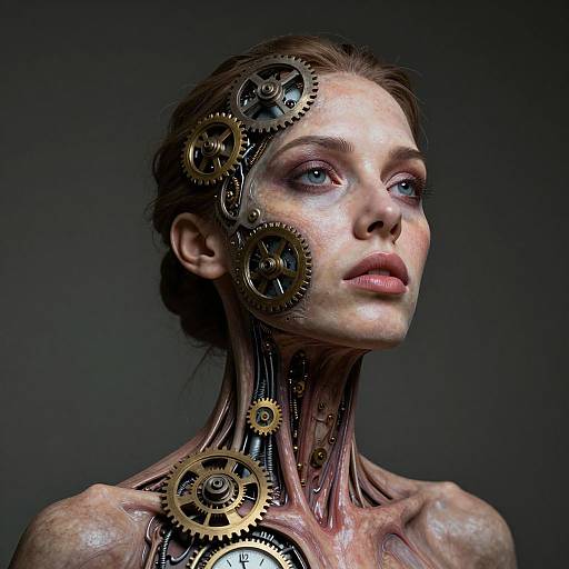 Photorealistic CGI of a pale-skinned woman with blue eyes, wearing intricate brass gears embedded in her hair and neck, against a dark background.