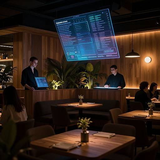 Photograph of a dimly-lit modern restaurant with wooden walls, neon blue menu screens, two male bartenders, and seated patrons. Warm,