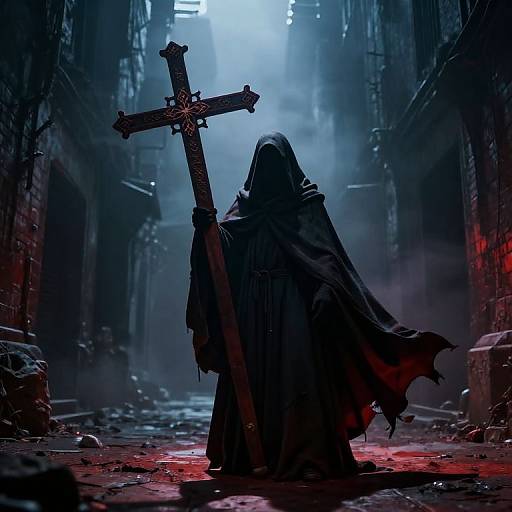 Digital artwork of a mysterious, hooded figure holding a large, ornate cross in a dark, bloody, ruined alley with blue and red lighting.