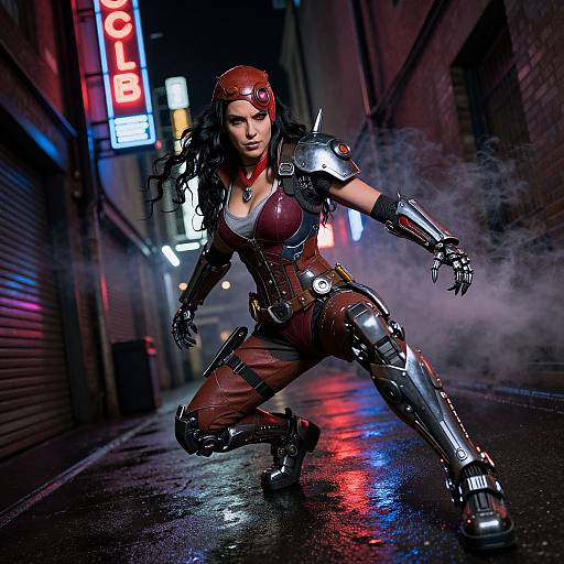 Photorealistic CGI of a fierce, armored woman in a red and metallic suit, crouching on a neon-lit, rain-soaked alley