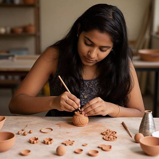 Photograph of a focused Indian woman with long black hair, wearing a blue patterned top, carefully sculpting a clay pendant at a cluttered workspace