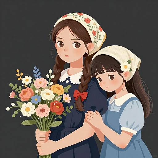 Illustration of Two Girls with Flowers
