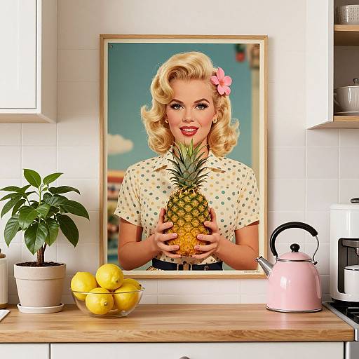 Vintage-style photograph of a blonde woman with a pink flower in her hair, holding a pineapple in a kitchen, surrounded by lemons, a potted